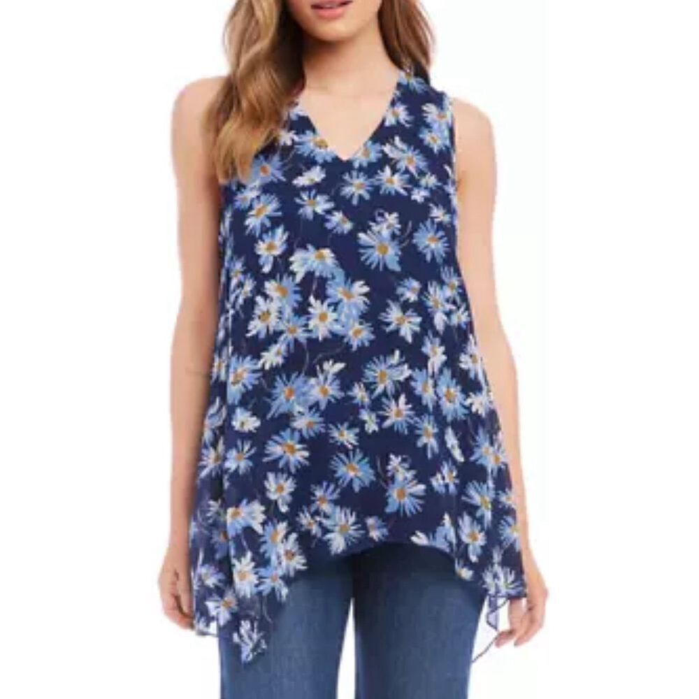 Karen Kane Tank Top Floral Size Small Blue Uneven‎ Hem Pullover NEW